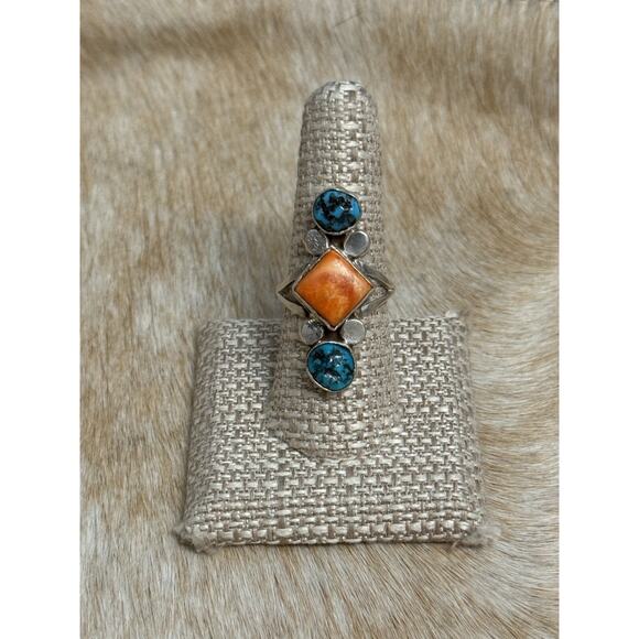 Native American Bryon Brown Handmade Sterling Spiny Oyster Turquoise Ring 9 - Picture 9 of 14